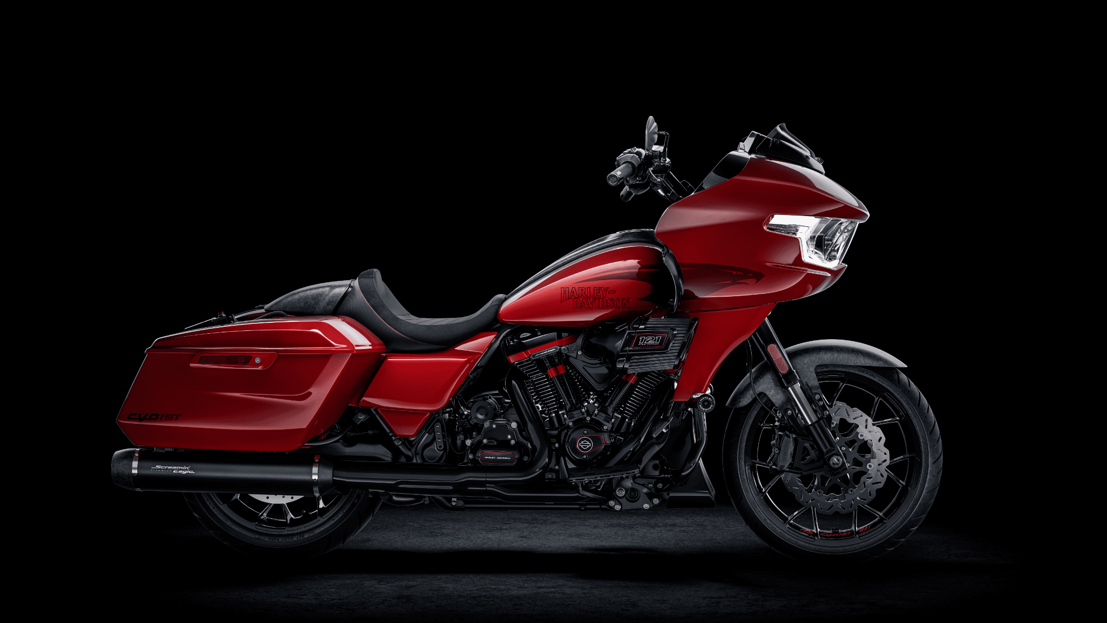 2025 Harley-Davidson® CVO™ Road Glide® ST in red with fairing, saddlebags, and 121 engine