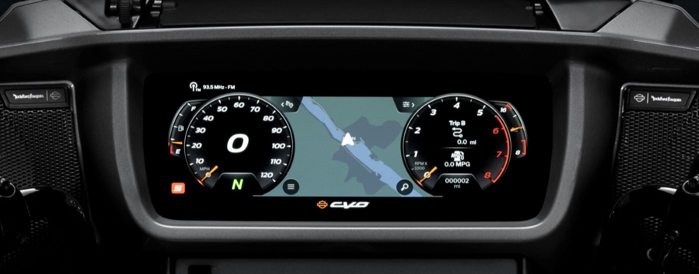 A close up shows the gauges on a 2023 Harley-Davidson CVO Street Glide.