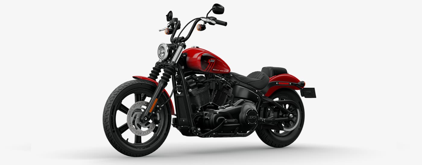 A red 2023 Harley-Davidson Street Bob 114 is shown angled left.
