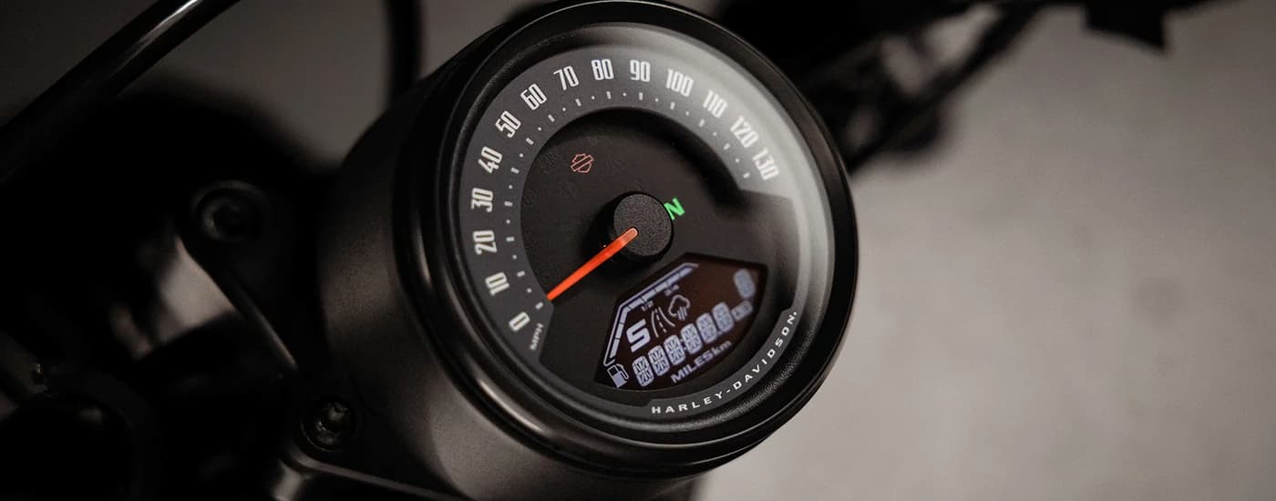 A close up of the speedometer on a 2024 Harley-Davidson.